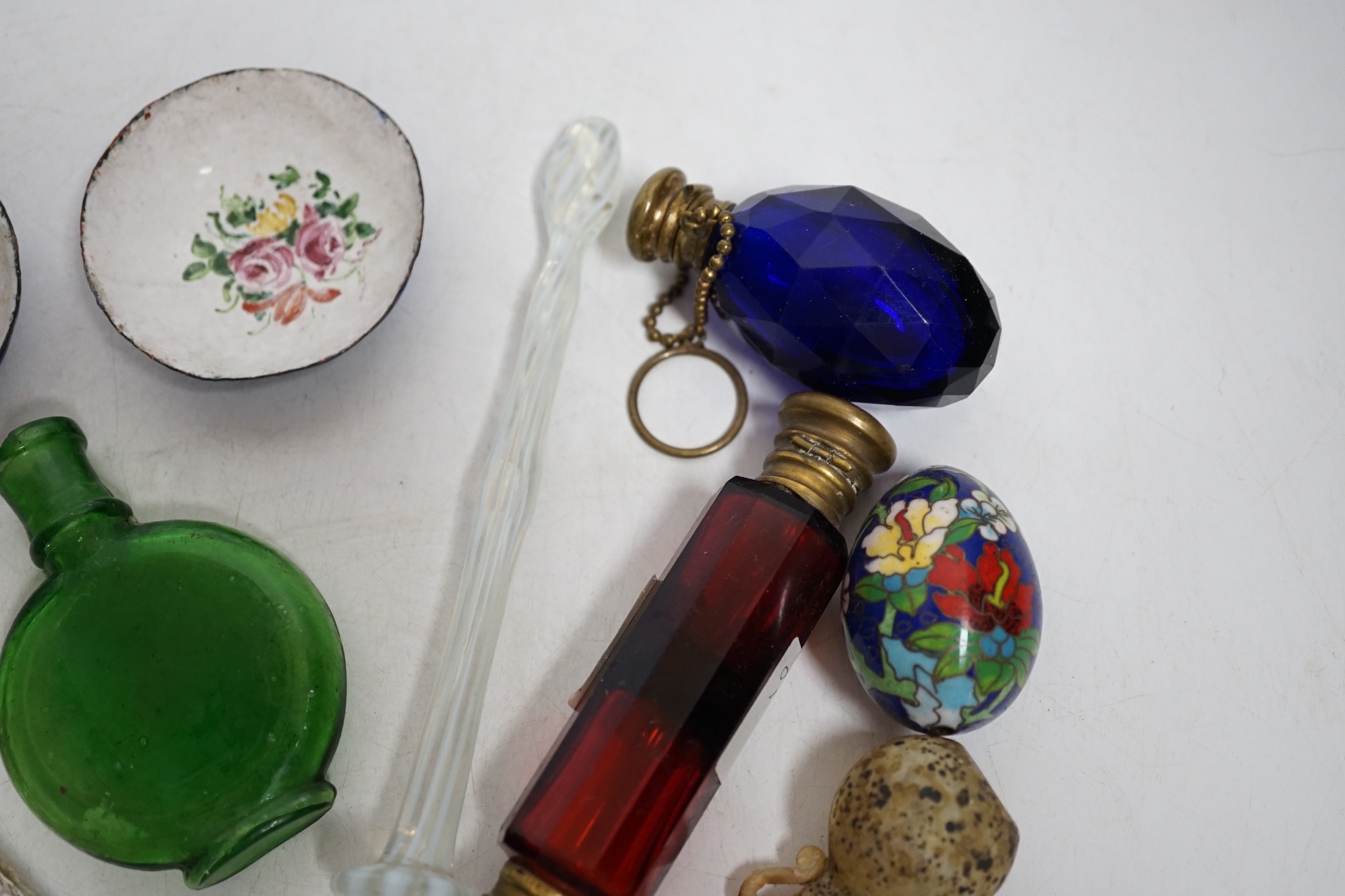 A collection of scent bottles, a miniature antiquity vessel and a miniature of a lady